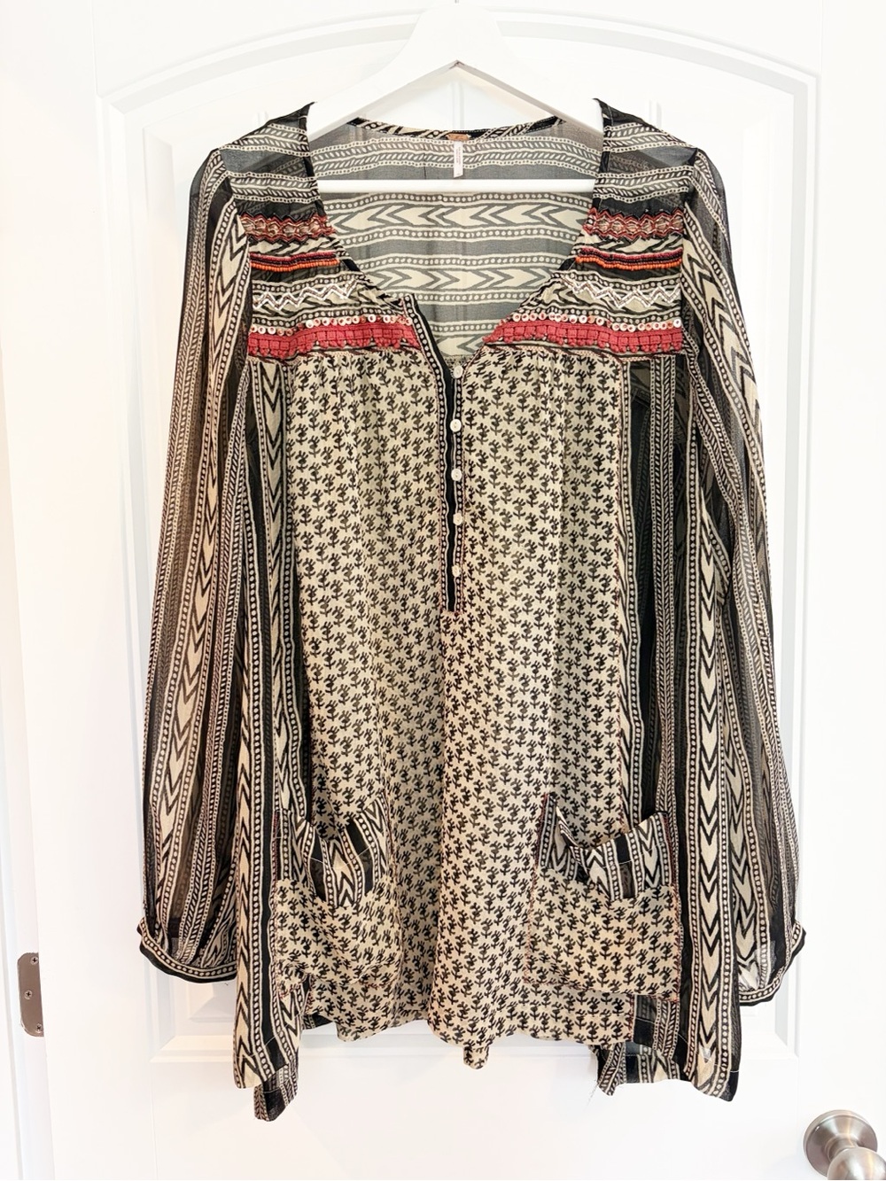 Free People Printed Mix-Pattern Tunic Top in Black, Cream & Red Accents